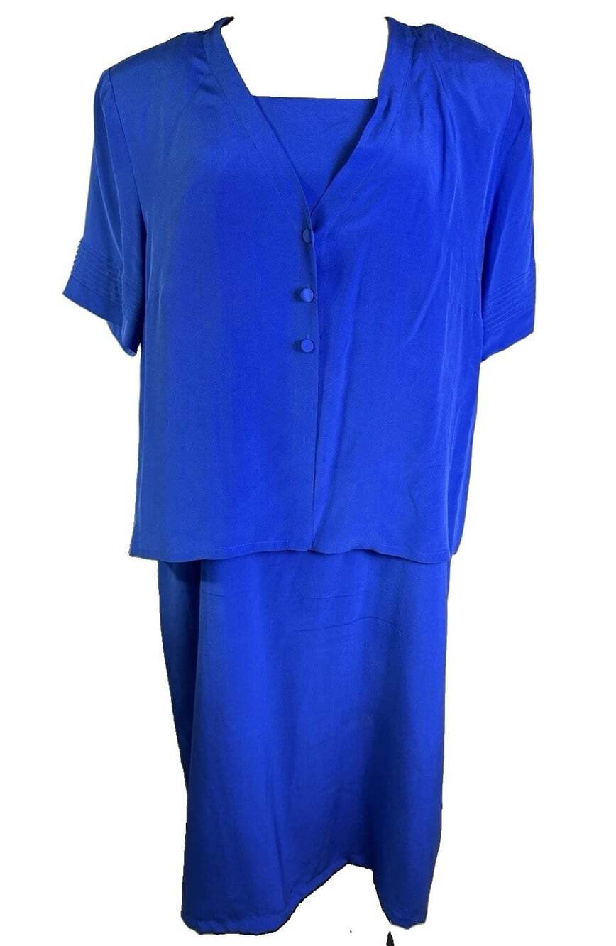 Jessica Howard Woman 100% Silk 2 Piece Dress Set Royal Blue Plus Size 24 Vintage